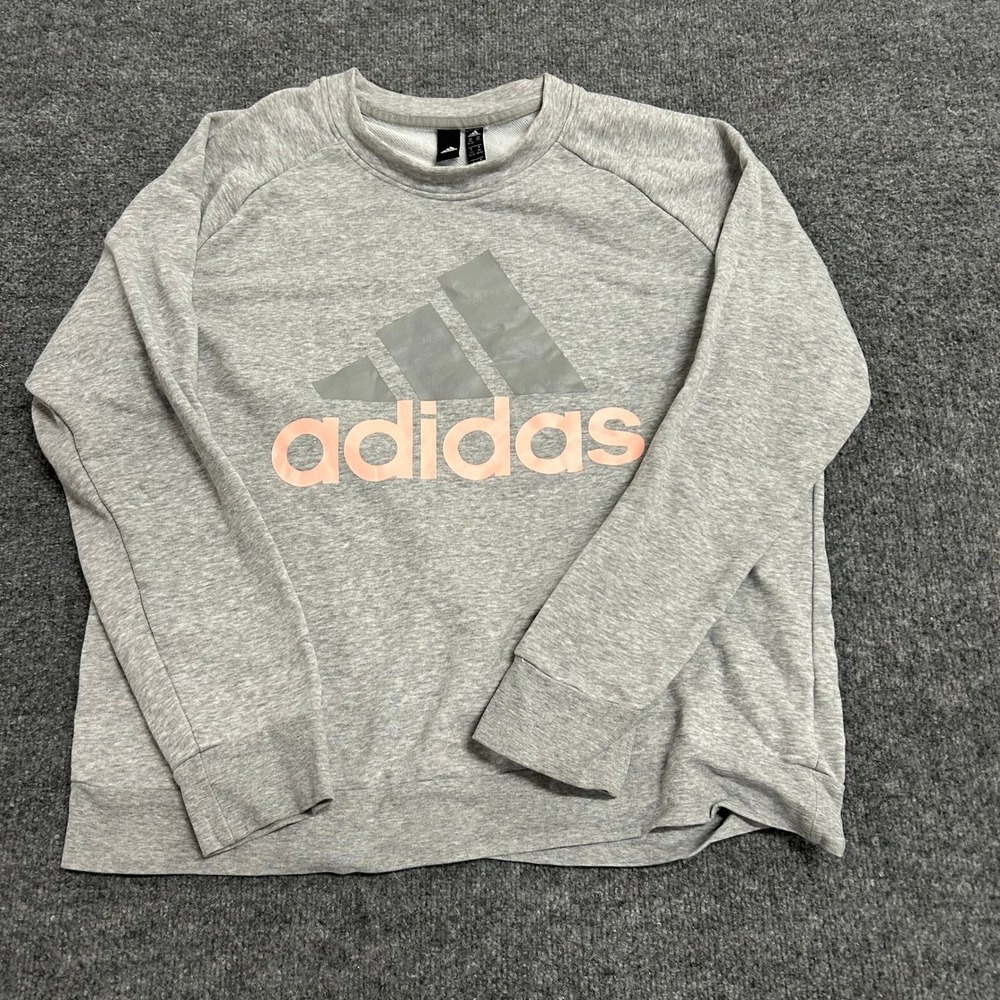 Adidas Sweatshirt Womens Size 2XL Gray Pink Logo Graphic Pullover Crew Neck L/S